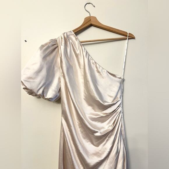 ELLIATT Cinda Satin Midi Dress in Pearl one shoulder puff sleeve bridal revolve - Picture 5 of 16